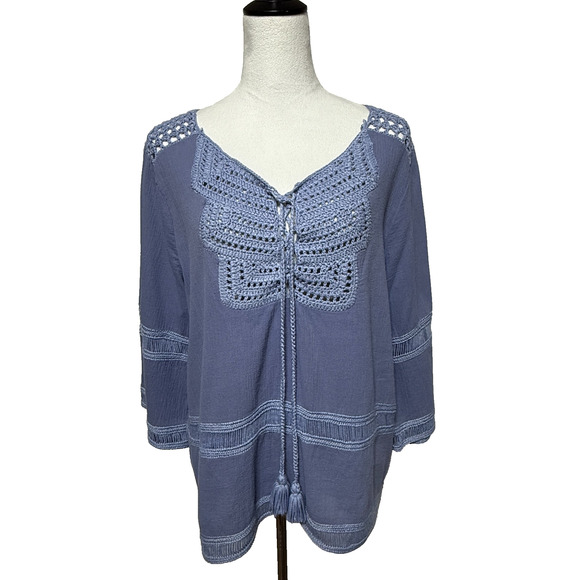 Chicos Top Womens Large 2 Blue Crochet Tasseled Peasant Flowy Beachy Boho - Picture 5 of 10